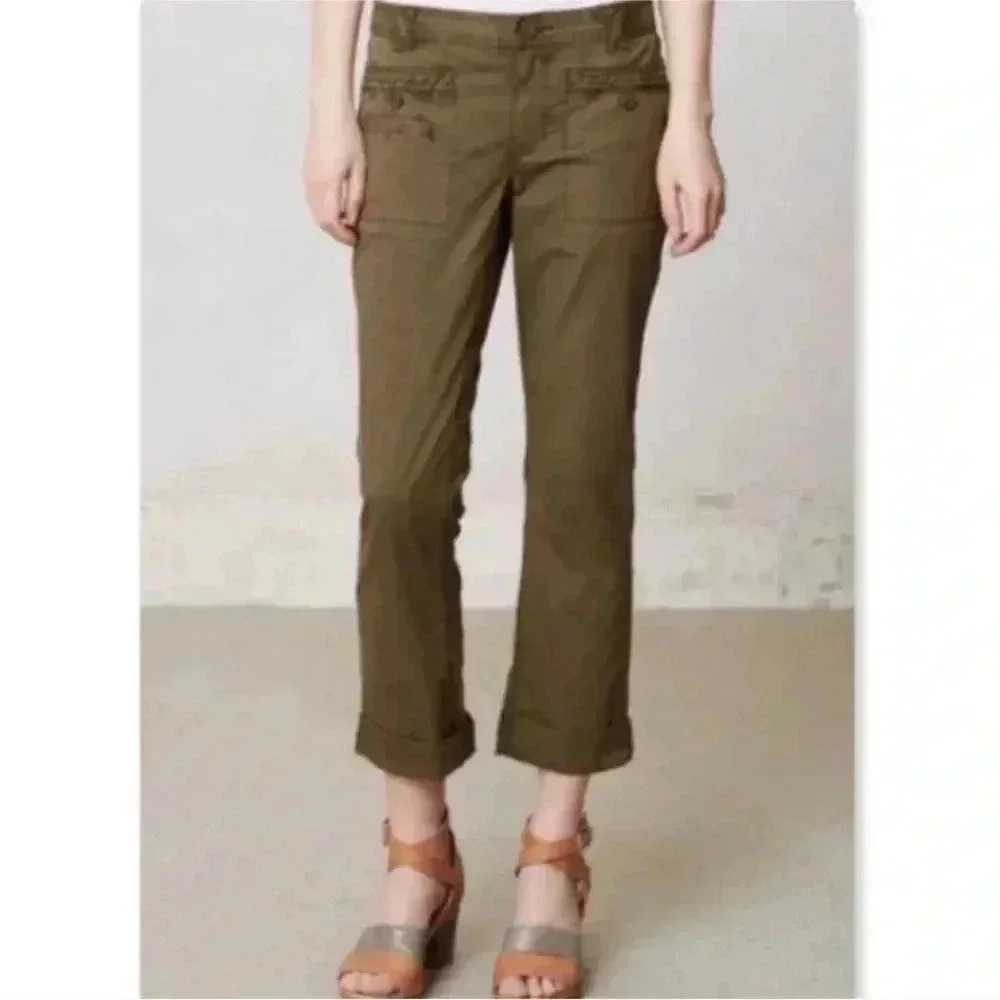 Anthropologie Hei Hei Twill Braided Pocket Khaki Green Pants Sz 2